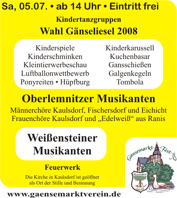 22. Gnsemarktfest: Programm Samstag, 05.07.08