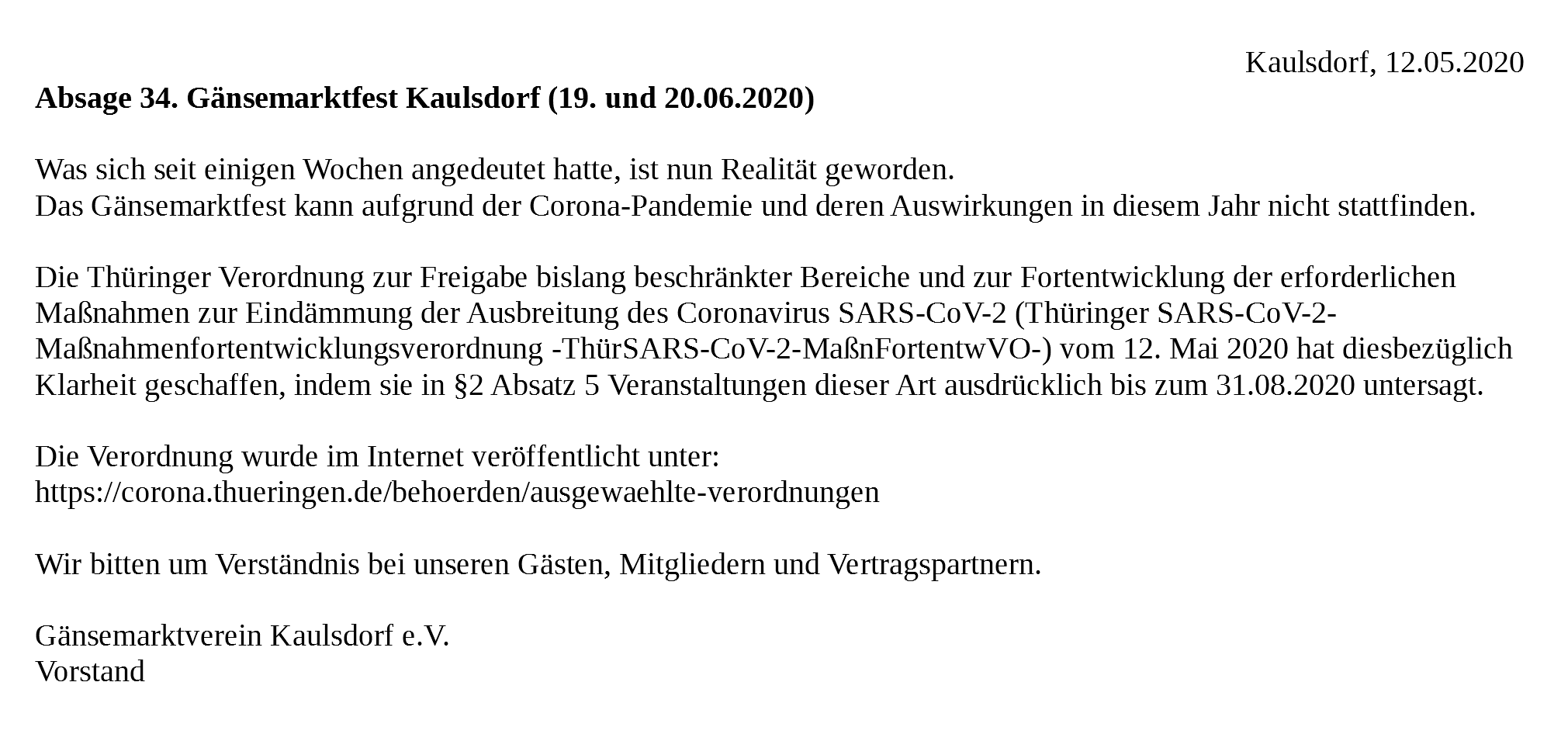 34. Gänsemarktfest aufgrund der Corona-Pandemie und deren Auswirkungen abgesagt